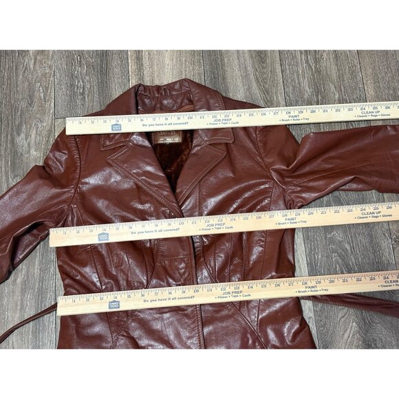 VINTAGE MAXI LEATHER JACKET BEALTED TRENCH COAT BROWN WOMENS SIZE 12 - Picture 6 of 14
